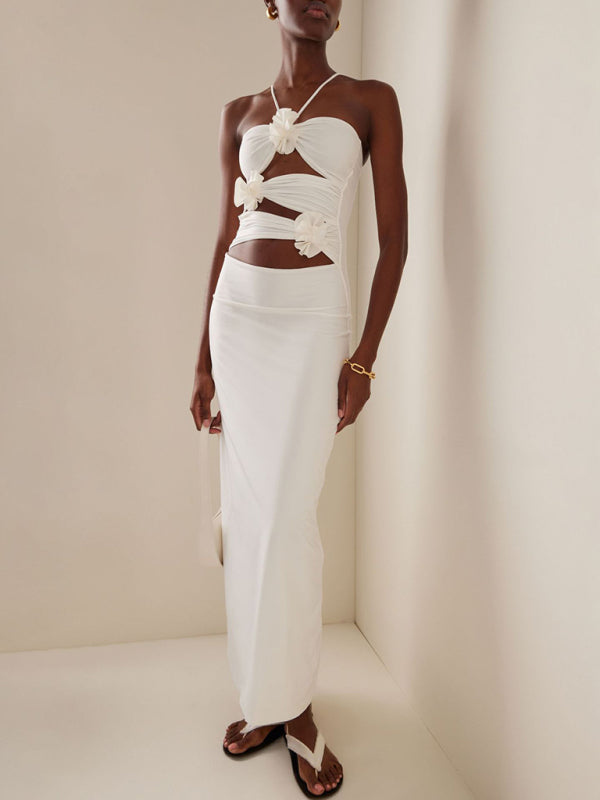 Halter Neck Long Bodycon Dress with Flower Embellishments and Cutouts Group4 MyDresses White 8 | S
