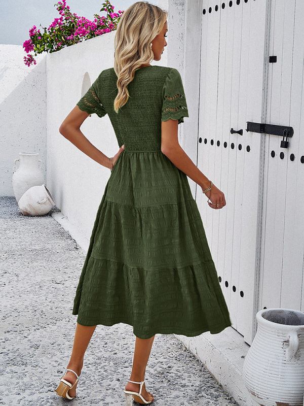 Smocked Bodice Midi Dress with Hollow-Out Lace Sleeves Midi Dresses MyDresses 