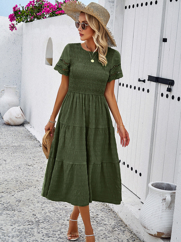 Smocked Bodice Midi Dress with Hollow-Out Lace Sleeves Midi Dresses MyDresses 