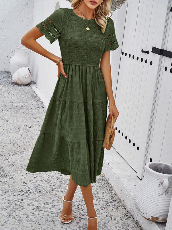 Smocked Bodice Midi Dress with Hollow-Out Lace Sleeves Midi Dresses MyDresses Green 8 | S 