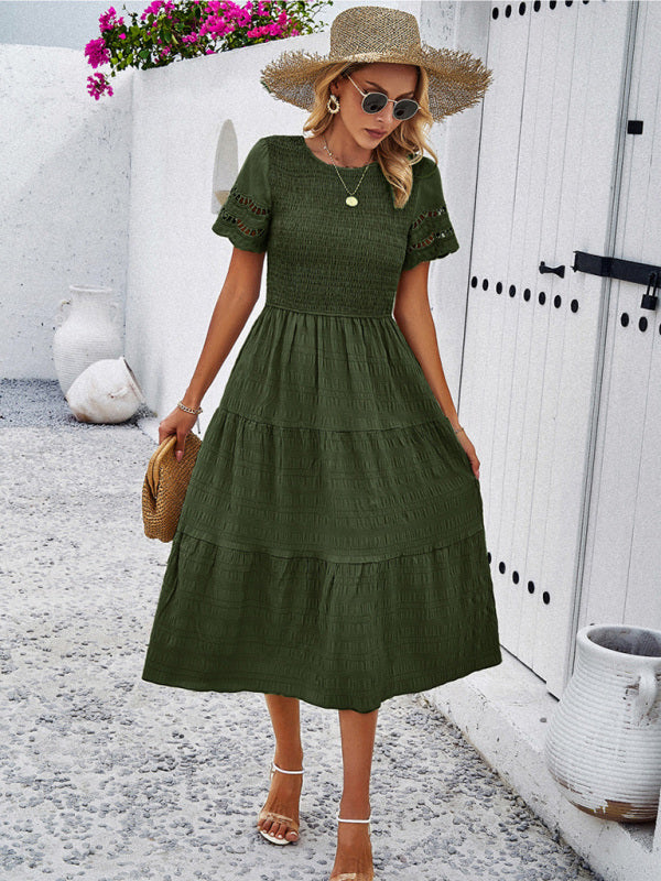 Smocked Bodice Midi Dress with Hollow-Out Lace Sleeves Midi Dresses MyDresses 