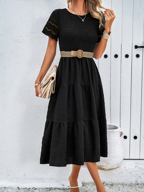 Smocked Bodice Midi Dress with Hollow-Out Lace Sleeves Midi Dresses MyDresses Black 8 | S 