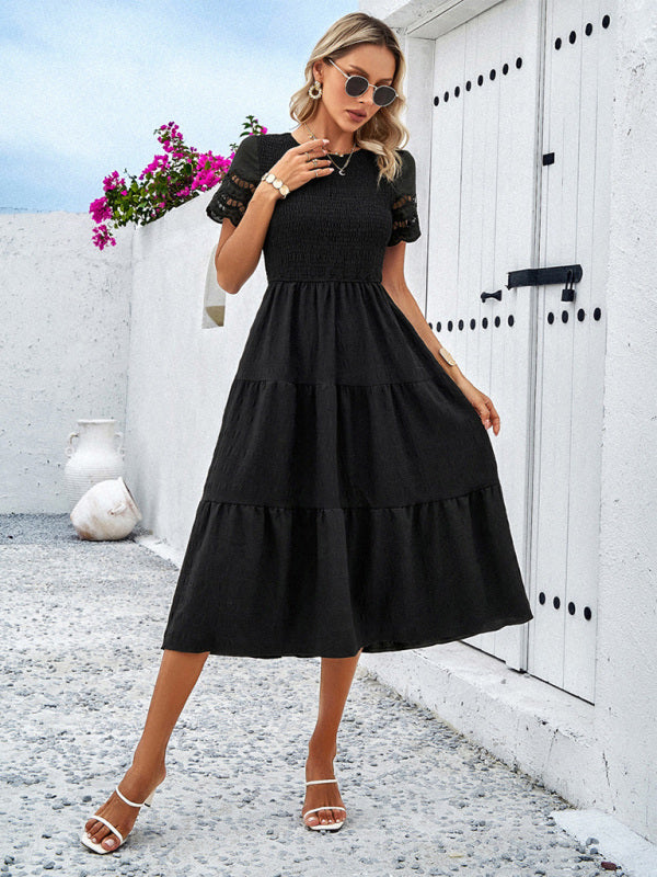 Smocked Bodice Midi Dress with Hollow-Out Lace Sleeves Midi Dresses MyDresses 