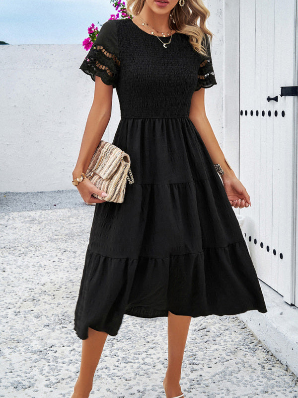 Smocked Bodice Midi Dress with Hollow-Out Lace Sleeves Midi Dresses MyDresses 