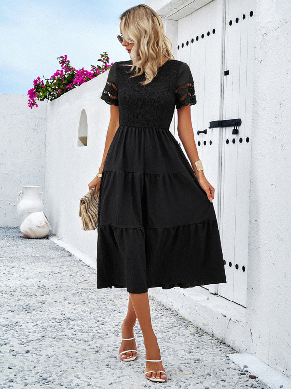 Smocked Bodice Midi Dress with Hollow-Out Lace Sleeves Midi Dresses MyDresses 