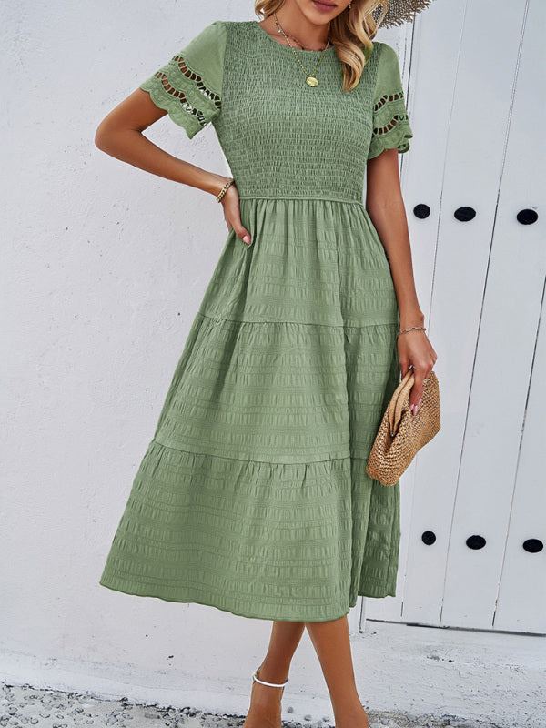 Smocked Bodice Midi Dress with Hollow-Out Lace Sleeves Midi Dresses MyDresses Fruit green 8 | S 