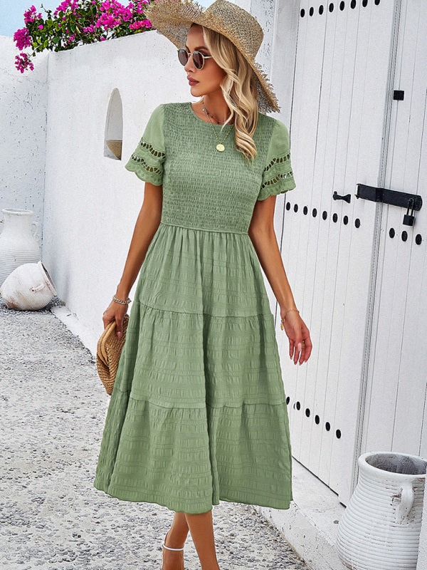Smocked Bodice Midi Dress with Hollow-Out Lace Sleeves Midi Dresses MyDresses 