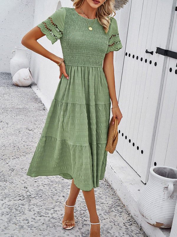 Smocked Bodice Midi Dress with Hollow-Out Lace Sleeves Midi Dresses MyDresses 