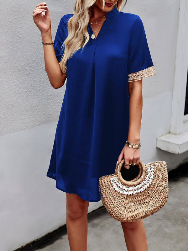 V-Neck Mini Dress with Lace Sleeves Solid Print Group12 MyDresses