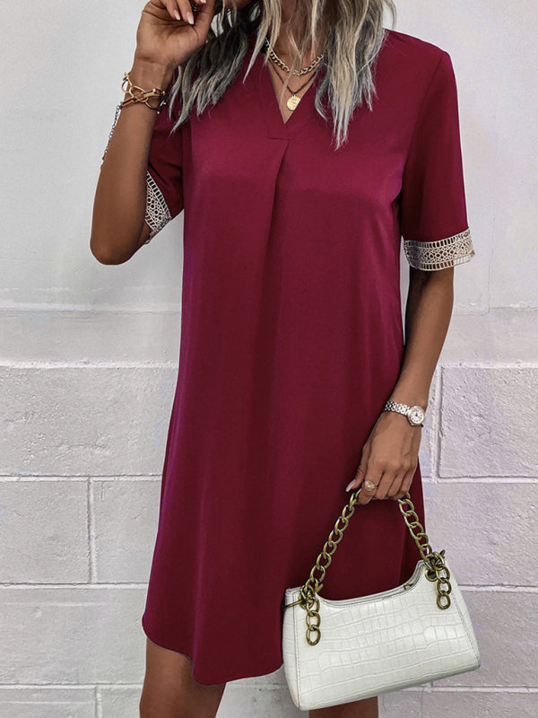 V-Neck Mini Dress with Lace Sleeves Solid Print Group12 MyDresses