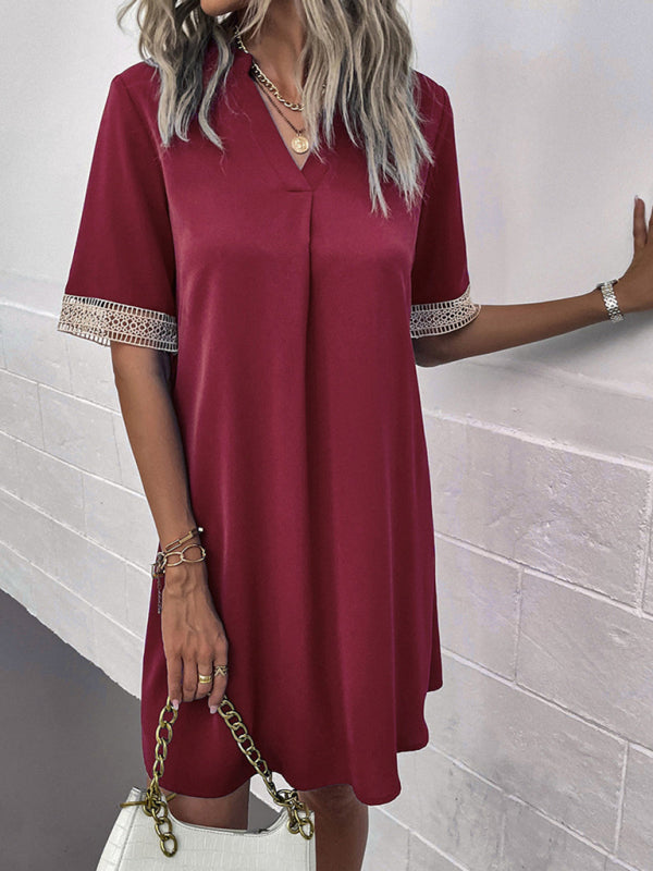 V-Neck Mini Dress with Lace Sleeves Solid Print Group12 MyDresses