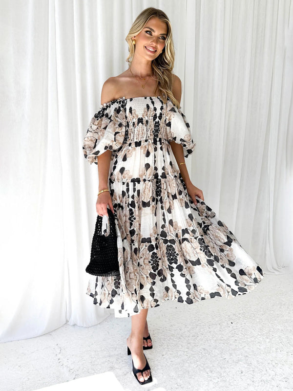 Floral Print Off-Shoulder Midi Dress with Puff Sleeves Midi Dresses MyDresses 