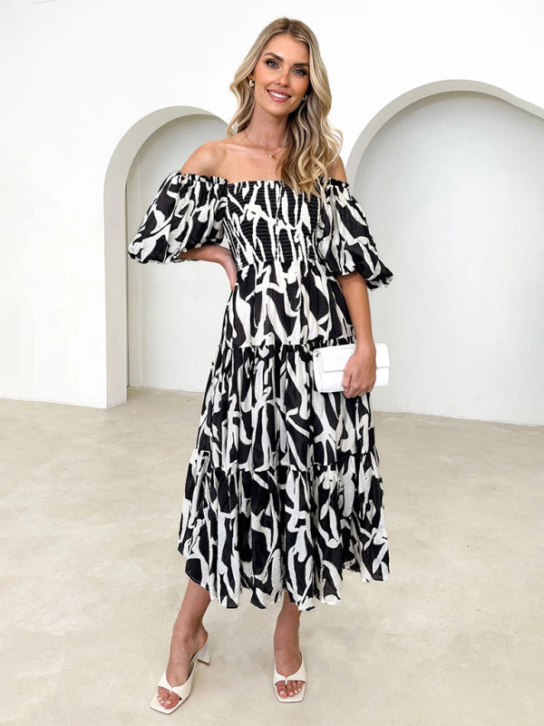 Floral Print Off-Shoulder Midi Dress with Puff Sleeves Midi Dresses MyDresses 