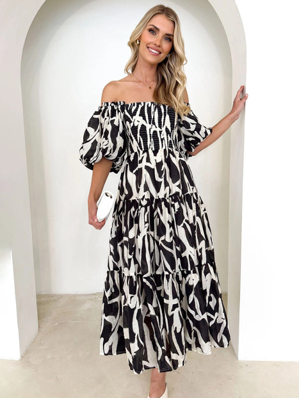 Floral Print Off-Shoulder Midi Dress with Puff Sleeves Midi Dresses MyDresses Black 8 | S 