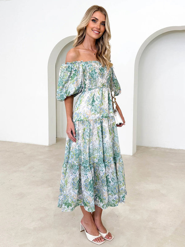 Floral Print Off-Shoulder Midi Dress with Puff Sleeves Midi Dresses MyDresses 