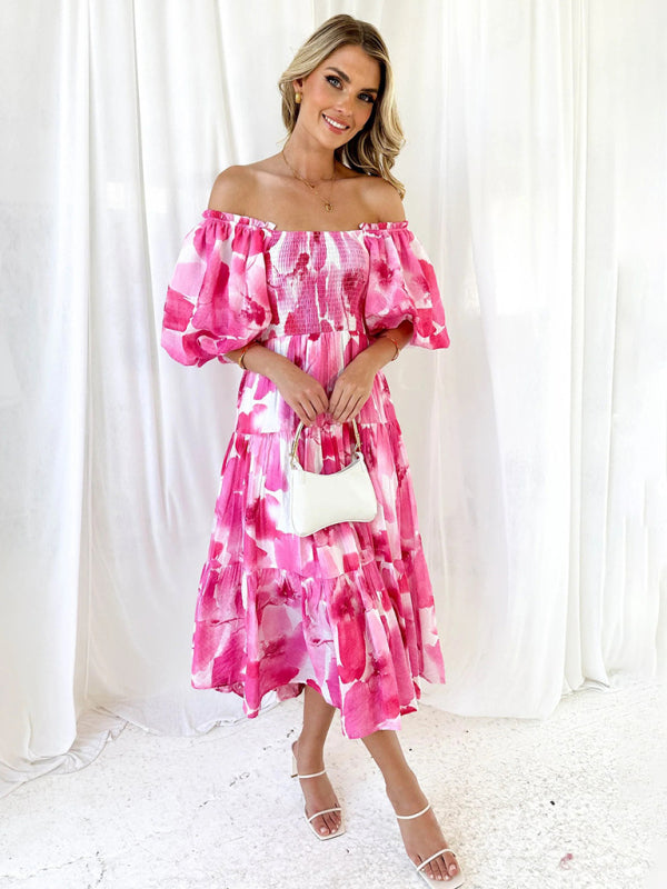 Floral Print Off-Shoulder Midi Dress with Puff Sleeves Midi Dresses MyDresses 