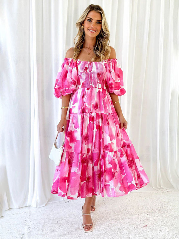 Floral Print Off-Shoulder Midi Dress with Puff Sleeves Midi Dresses MyDresses Pink 8 | S 