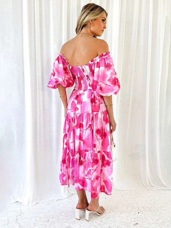 Floral Print Off-Shoulder Midi Dress with Puff Sleeves Midi Dresses MyDresses 