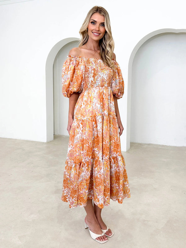 Floral Print Off-Shoulder Midi Dress with Puff Sleeves Midi Dresses MyDresses 