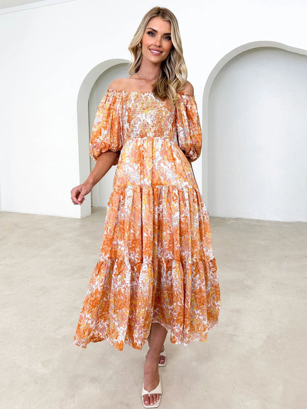Floral Print Off-Shoulder Midi Dress with Puff Sleeves Midi Dresses MyDresses Orange 8 | S 