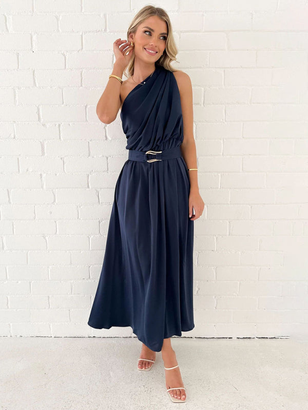 One Shoulder Maxi Dress with Slim Waist and Backless Design Maxi Dresses MyDresses Navy 8 | S 