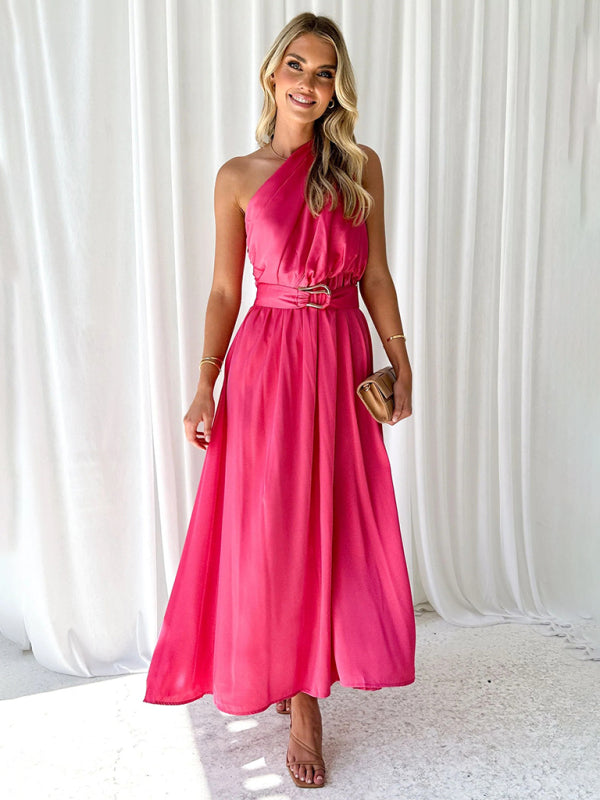One Shoulder Maxi Dress with Slim Waist and Backless Design Maxi Dresses MyDresses Pink 8 | S 