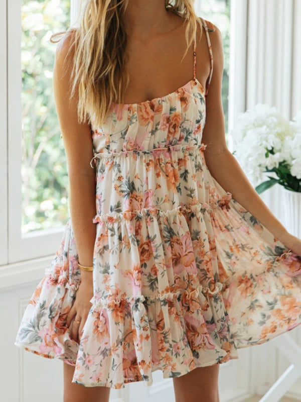 Floral Mini Dress with Tiered Ruffles and Spaghetti Straps Mini Dresses MyDresses Green Yellow 8 | S 