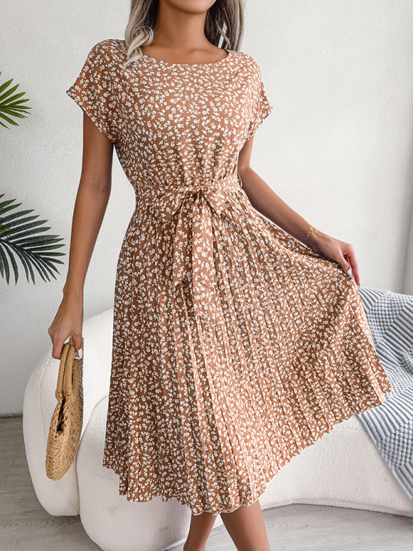 Floral Print Pleated Dress with Waist Tie Midi Dresses MyDresses 