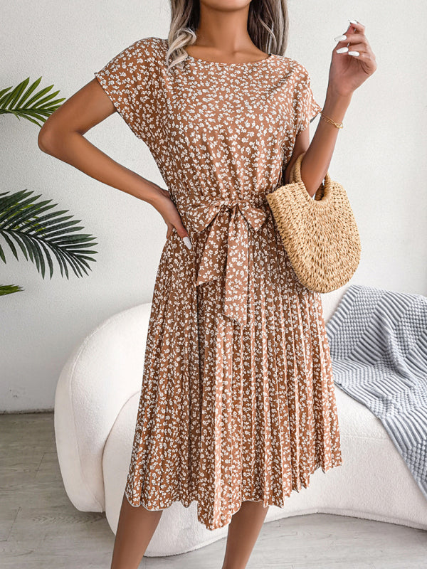 Floral Print Pleated Dress with Waist Tie Midi Dresses MyDresses 