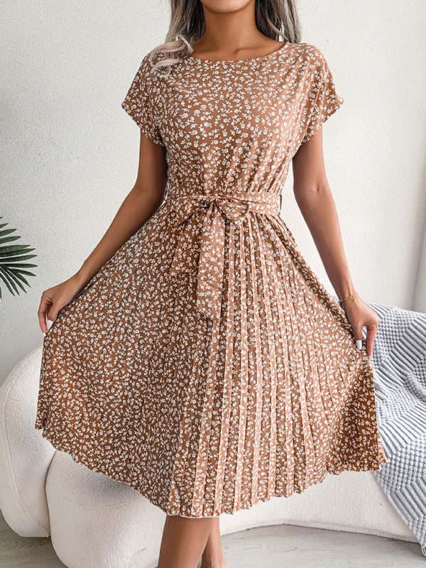 Floral Print Pleated Dress with Waist Tie Midi Dresses MyDresses Brown 8 | S 