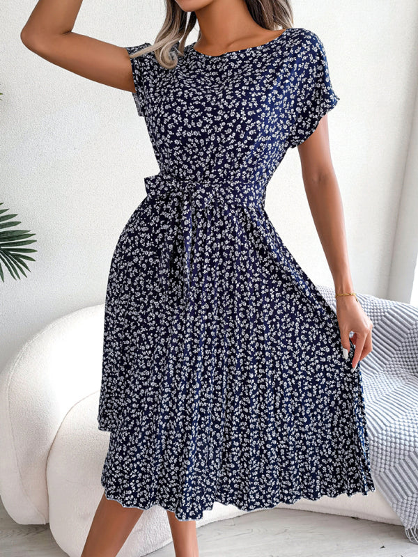 Floral Print Pleated Dress with Waist Tie Midi Dresses MyDresses 