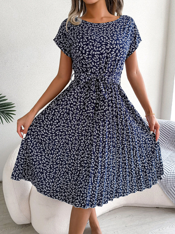 Floral Print Pleated Dress with Waist Tie Midi Dresses MyDresses Navy 8 | S 