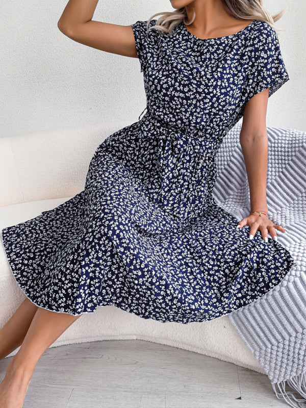 Floral Print Pleated Dress with Waist Tie Midi Dresses MyDresses 