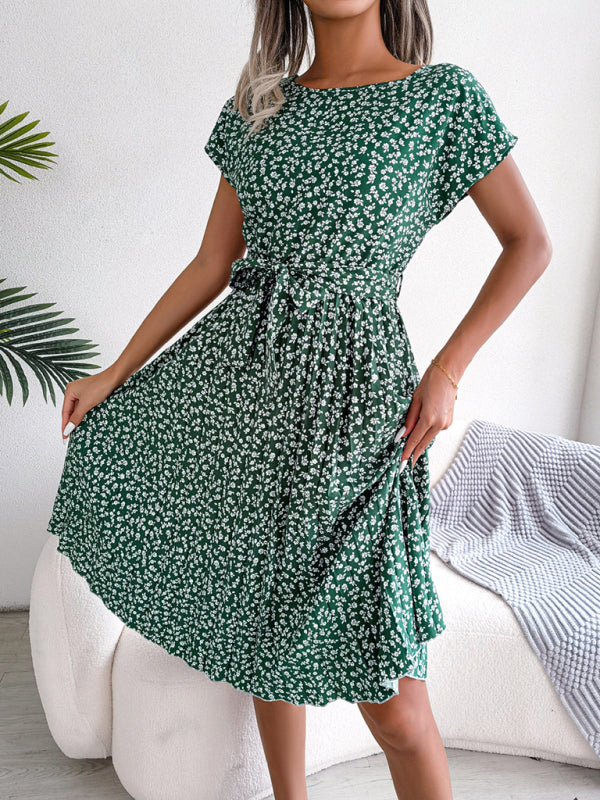 Floral Print Pleated Dress with Waist Tie Midi Dresses MyDresses 