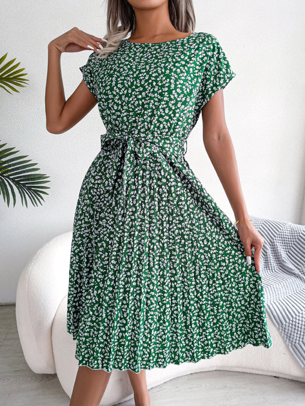 Floral Print Pleated Dress with Waist Tie Midi Dresses MyDresses Green 8 | S 