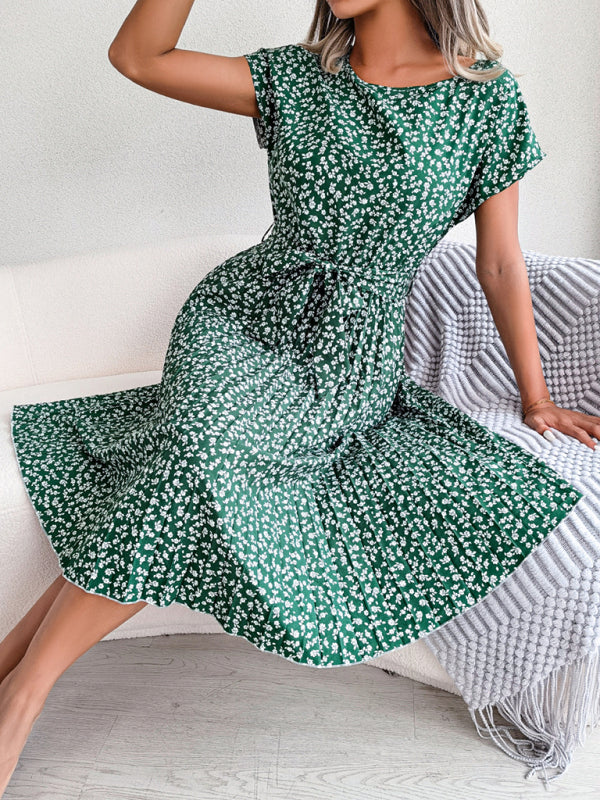 Floral Print Pleated Dress with Waist Tie Midi Dresses MyDresses 