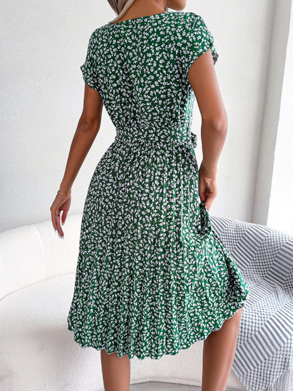 Floral Print Pleated Dress with Waist Tie Midi Dresses MyDresses 