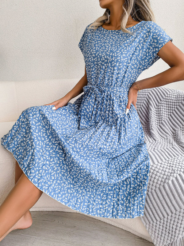 Floral Print Pleated Dress with Waist Tie Midi Dresses MyDresses 