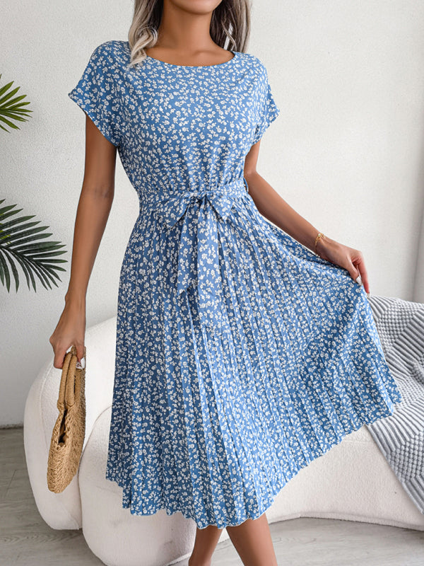 Floral Print Pleated Dress with Waist Tie Midi Dresses MyDresses 