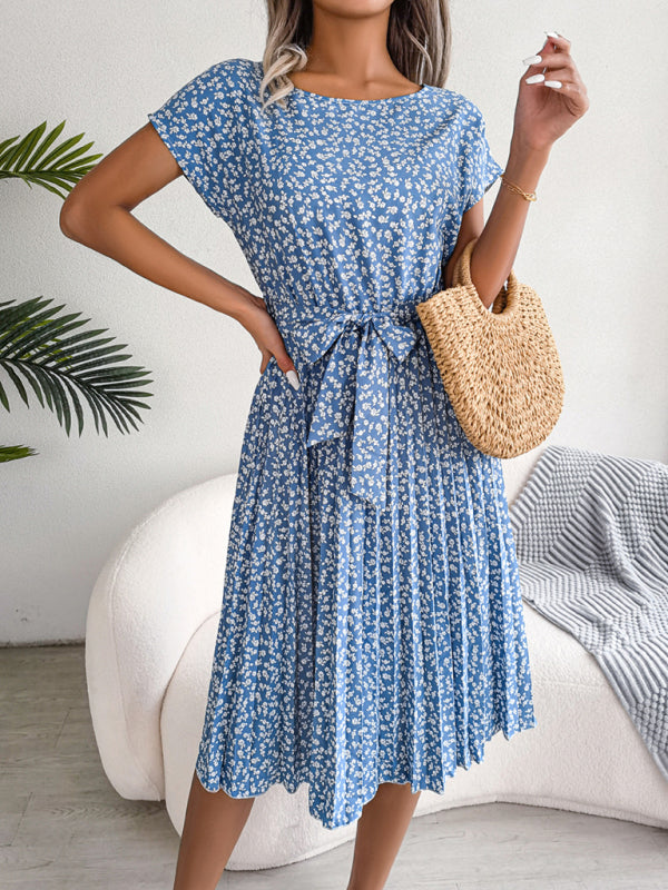 Floral Print Pleated Dress with Waist Tie Midi Dresses MyDresses 