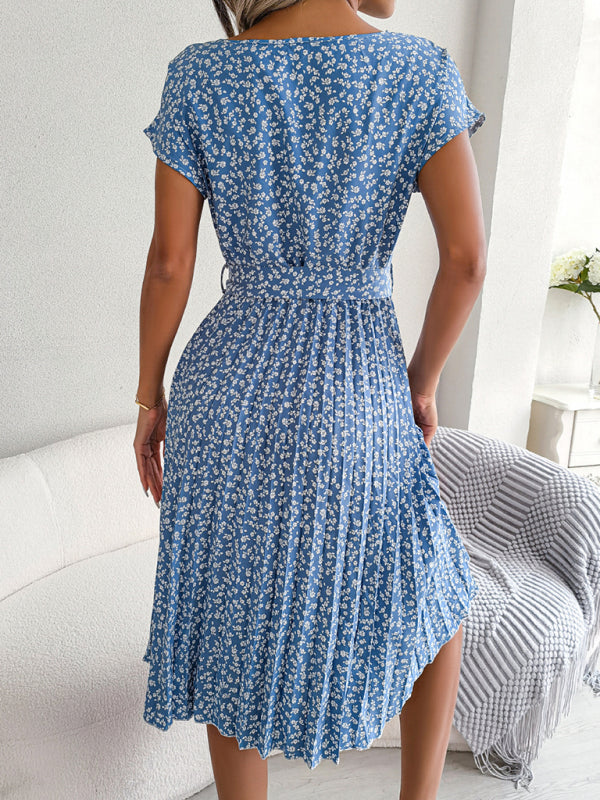 Floral Print Pleated Dress with Waist Tie Midi Dresses MyDresses 