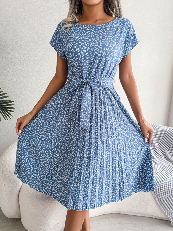 Floral Print Pleated Dress with Waist Tie Midi Dresses MyDresses Blue 8 | S 