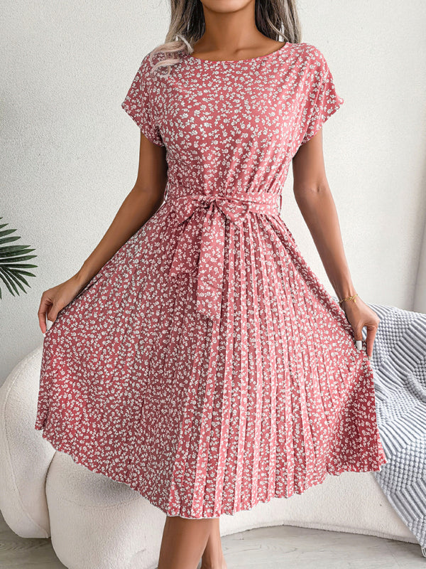 Floral Print Pleated Dress with Waist Tie Midi Dresses MyDresses Pink 8 | S 