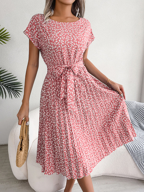 Floral Print Pleated Dress with Waist Tie Midi Dresses MyDresses 