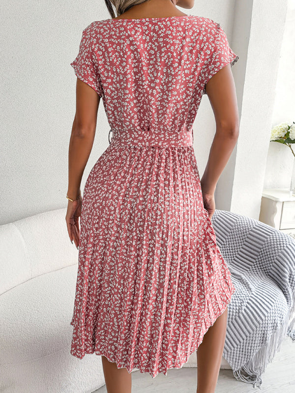 Floral Print Pleated Dress with Waist Tie Midi Dresses MyDresses 