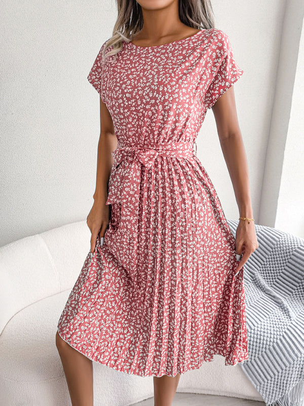 Floral Print Pleated Dress with Waist Tie Midi Dresses MyDresses 