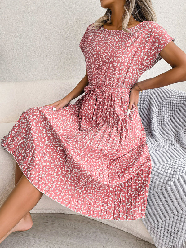 Floral Print Pleated Dress with Waist Tie Midi Dresses MyDresses 