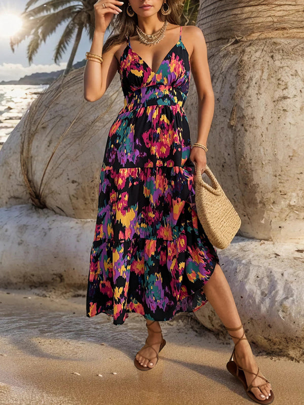 Abstract Print Maxi Dress with Spaghetti Straps and V-Neck Midi Dresses MyDresses Black 8 | S 