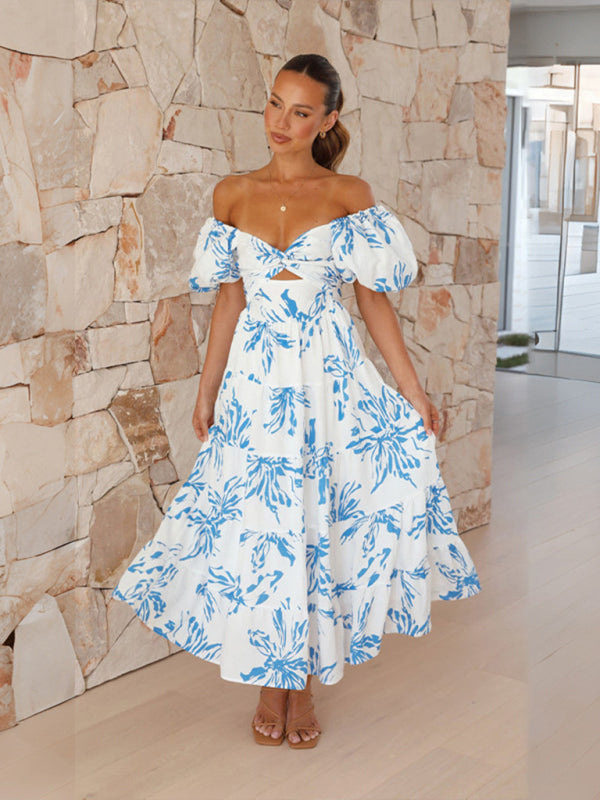 Floral Print Maxi Dress with Puff Sleeves and Cut-Out Detail Maxi Dresses MyDresses Blue 8 | S 