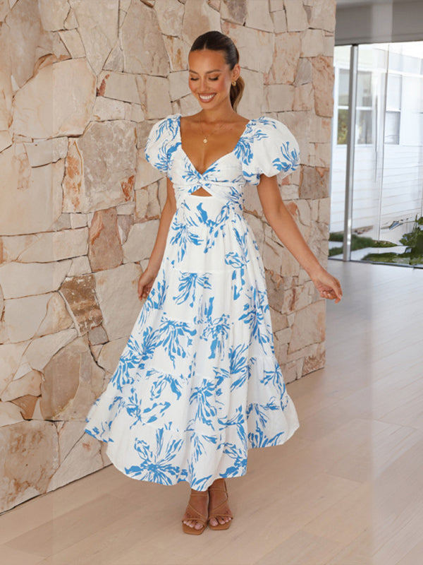 Floral Print Maxi Dress with Puff Sleeves and Cut-Out Detail Maxi Dresses MyDresses 
